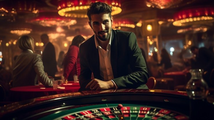 Meja blackjack dengan dealer dan opsi taruhan side-bet